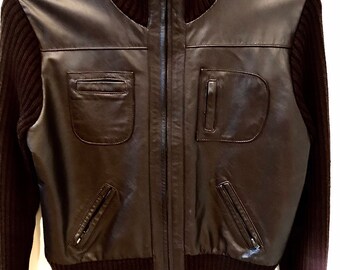 Vintage Lady's Leather Bomber Jacket Sz Small FROST ORIGINALS, Brown Leather Body Lined with Sweater Sleeves Neckline Waist