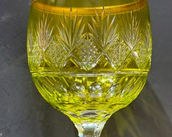 Vintage Cut-to-Clear Crystal Wine Glass: Green Overlay, Gold Rim, Air Bubble Stem
