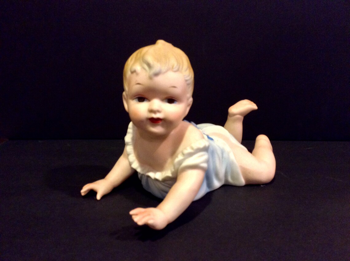 Vintage Bisque Piano Baby Ceramic Doll with Blonde Hair Blue Etsy