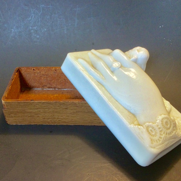 c1800s Milk Glass LADY'S HAND Holding BIRD Keepsake Box Casket Lid, Antique Keepsake/Trinket Box Lid, Pat August 1889 Atterbury Co, Gift