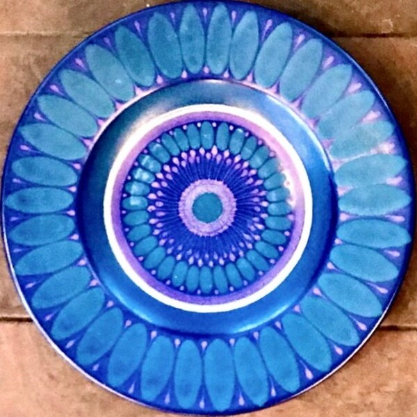 KMK Viola 14 1/2in Platter Bowl West Germany Ceramic Pottery Centerpiece Bowl Kaleidoscope Pattern Turquoise and Violet