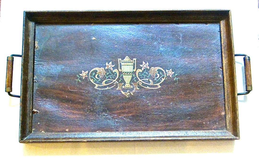 Antique Wood Serving Tray With Glass Inset Vintage Hardware Etsy