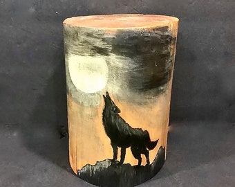 Black Wolf Howling at the Moon Hand Painting on Solid 8” Wood Log Wildlife Nature Cabin - Artist Signed