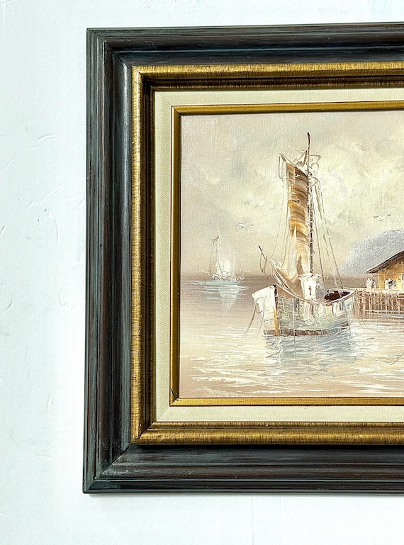 Original Art Harbor Oil Painting Signed MORGAN Oceanic Scene