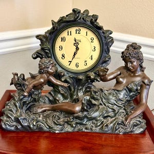 Art Nouveau CROSA Mantel Clock, Bronze Tone Resin Woman and Cherub Sculpture, WORKS