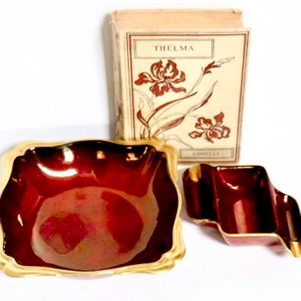 CARLTON WARE Rouge Royale 2pc Dresser Dish/Ring Dish/Ashtray Made in England, Ruby Red and Gold Vanity Set Gift for Her