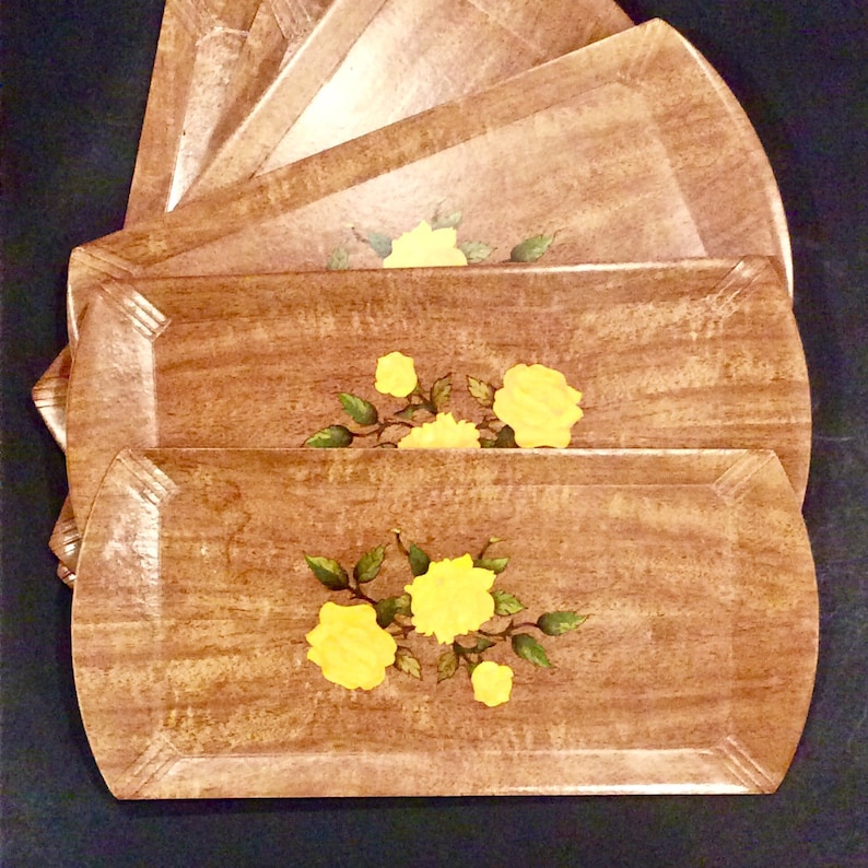 Yellow Rose Retro Hasko Serving Trays 6pc Set Flower Design, 1940s-1950s Kitchen Entertaining Trays 16x8, Mid Century image 3