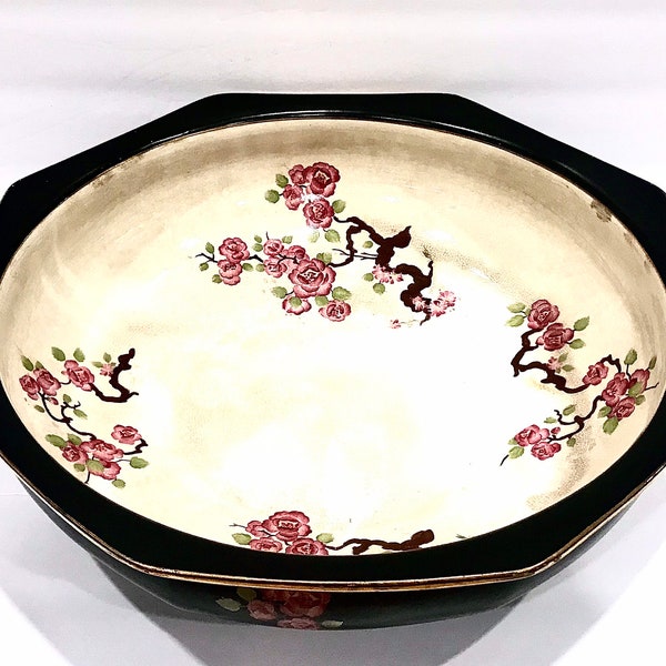 Antique 16in Basin Bowl Carlton Ware “W&R Stoke on Trent” Porcelain Black Hand Painted Pink Flowers Gold Rim, Crazing, English Manor