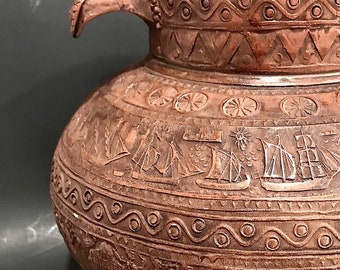 Grecian Hieroglyphics Amphora RUSTIC ART VASE Pit Fired Water Vessel Ancient Figural Greek Ships and Marching Musicians, αγιος Νικόλαος