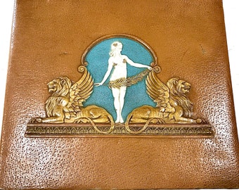 Antique Embossed Keepsake Letter Box with Venietian Woman and Winged Lions, Art Nouveau Leatherette w Tortoise Shell Handle