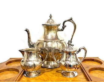 Vintage Silver Copper Teapot Set, Creamer & Sugar