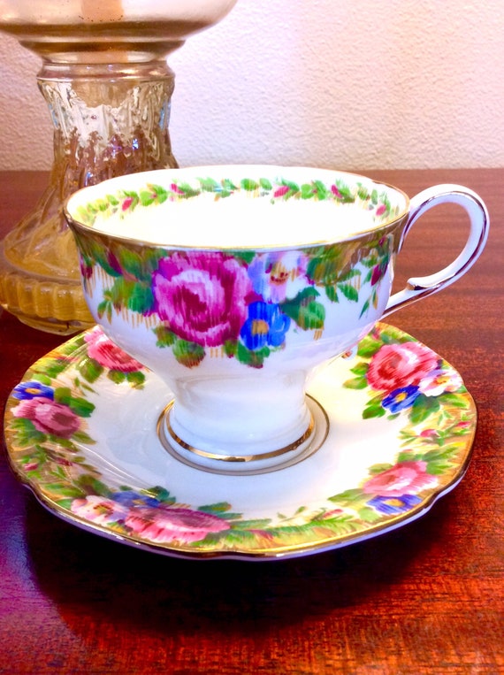Paragon China Cup & Saucer Tapestry Rose, Corset Shape Fine Bone China HM  Queen Mary With 22K Trim, Vintage Numbered China 