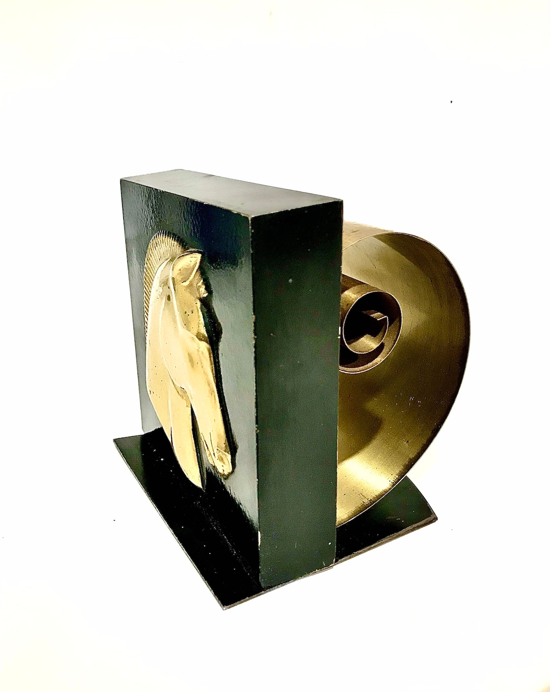 Vintage Brass Horse Bookend Letter Holder With Coiled Brass Spring