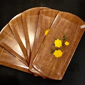 Yellow Rose Retro Hasko Serving Trays 6pc Set Flower Design, 1940s-1950s Kitchen Entertaining Trays 16x8, Mid Century image 4