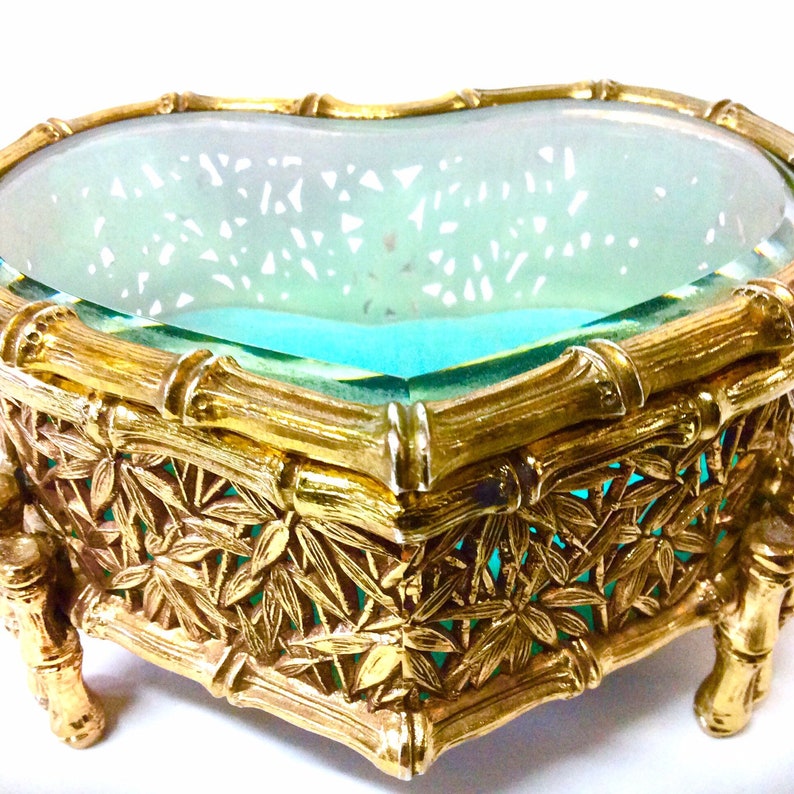 Vintage Ormolu Brass Heart Jewelry Casket with Beveled Glass Hinged Lid In an Ornate Bamboo Design Romantic Gift for Her Feminine and Solid