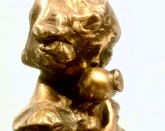 French Gilded Bronze Girl Statue Signed Leo Laporte Blairsy with her Doll 1920s, Made in France, Small Space Treasure