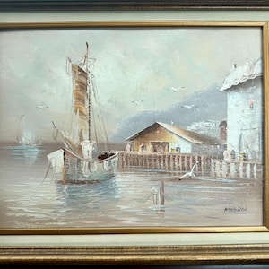 Original Art Harbor Oil Painting Signed MORGAN Oceanic Scene, Nautical Coastal Beach Art