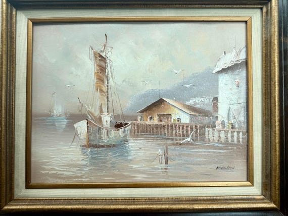 Original Art Harbor Oil Painting Signed MORGAN Oceanic Scene