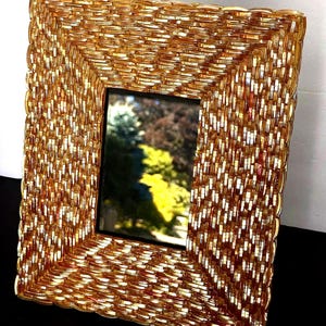 Amber Glass Bead Mosaic Photo Frame, Optical Illusion, Hollywood Regency Style