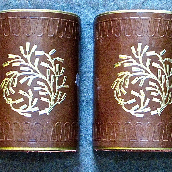 Bookends Solid Wood Wrappped in Embossed Leatherette with Gold Laurel Branch Design, 1940s Vintage Library, UNISEX Bookends