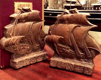 Vintage Clipper Ship Bookends Ornawood, Pair of Mid Century Nautical Bookends, Man Gift
