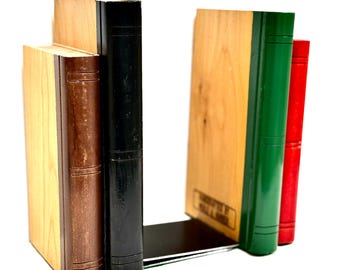 Sculpted Wood Books Bookends Signed Merle A Hansen, Hand-Crafted Primary Color Schoolhouse Decor