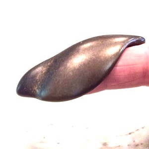 May include: A bronze-colored finger pick with a curved design. The pick is made of metal and has a smooth, reflective surface. It is designed to fit over a finger for use with a stringed instrument.