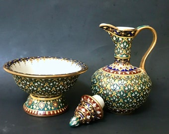 Thai Benjarong Carafe and Pedestal Bowl Set, Hand Painted in Jewel Tones, Vintage Small Carafe and Bowl, Micro Mosaic Design Color Texture