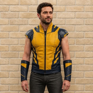 May include: A sleeveless yellow and navy blue vest with a front zip fastening, structured shoulder panels, and matching forearm guards. The vest features a paneled design with dark blue accents along the sides and shoulders, worn with dark jeans.