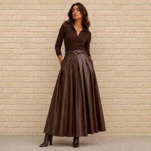 Women's Brown Leather Pleated Maxi Skirt - Handmade Genuine Leather A-Line Skirt - High Waist Belted Leather Skirt - Full Length Skirt