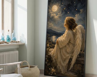 Ange serein assis sur une toile représentant un ciel nocturne, paysage au clair de lune, décoration céleste étoilée, art mural sur toile pour une maison paradisiaque