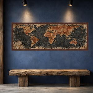 May include: A rectangular wall art piece featuring a world map with a distressed, aged appearance. The continents are rendered in shades of rust and brown against a dark, textured background with thin, intersecting lines resembling navigation routes.