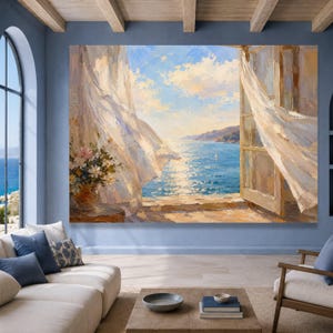 May include: An oil painting on canvas depicting an open window with flowing white curtains, a vase of flowers on a ledge, and a view of a sunlit blue sea with distant hills under a bright sky with soft clouds, rendered in thick, textured brushstrokes.