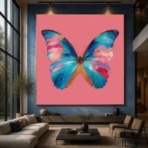 Quadro con farfalle blu vivaci, decorazione murale con insetti colorati, sfondo rosa, quadro moderno a tema natura, complemento d'arredo per soggiorno.