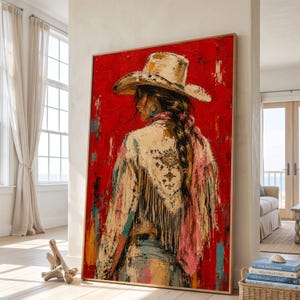 Western Cowgirl Portrait Canvas, Southwestern Style Wall Art, Boho Fringe Jacket Canvas, Rustic Home Decor, Ready to Hang Canvas