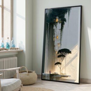 May include: A framed vertical wall art print depicting a tall, white stone structure built into a cliffside. The structure features glowing yellow windows and a small temple at the top. Below, a thin tree stands on a ledge with small objects.