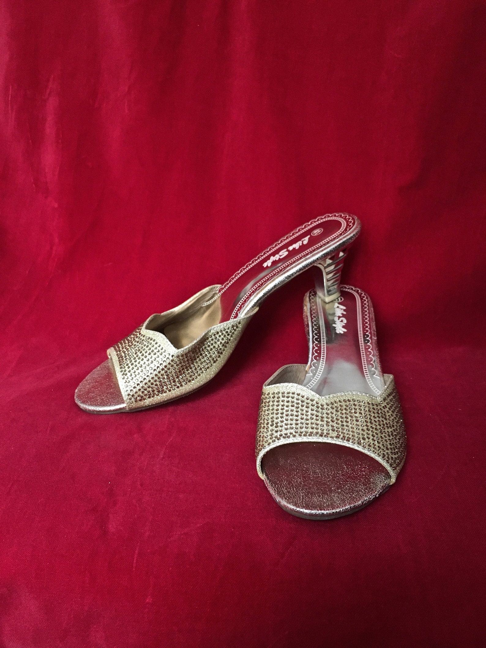 Golden mules gold plastic heel glitter glam rhinestones size Etsy