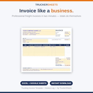 Trucking Invoice Template Excel & Google Sheets | Owner Operator Freight Invoice Spreadsheet | Auto Total | Invoice Log | Carrier Billing