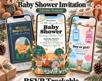 Woodland Baby Shower Invitation, Animated Storybook Bear Digital Invite with RSVP, Registry, Diaper Raffle, Boy or Girl Vote, Forest Evite