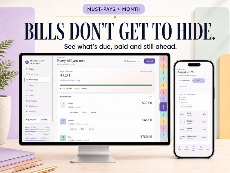 Peut inclure: Un &eacute;cran d'ordinateur et un smartphone affichant une interface num&eacute;rique de budget et de planification. L'&eacute;cran pr&eacute;sente le texte "BILLS DON'T GET TO HIDE", "Every bill you owe" et "August 2026", avec diverses cat&eacute;gories de suivi financier.