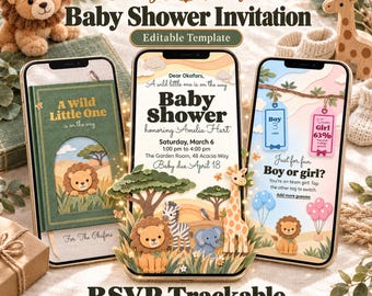 Safari Baby Shower Invitation, Animated Storybook Digital Invite with RSVP, Registry, Diaper Raffle, Boy or Girl Vote, Jungle Baby Evite