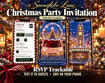May include: A digital Christmas party invitation template titled Snowglobe Lane. The design features three smartphone screens displaying a snowglobe graphic, event details for Eleanor and James, and a countdown timer for the party date.