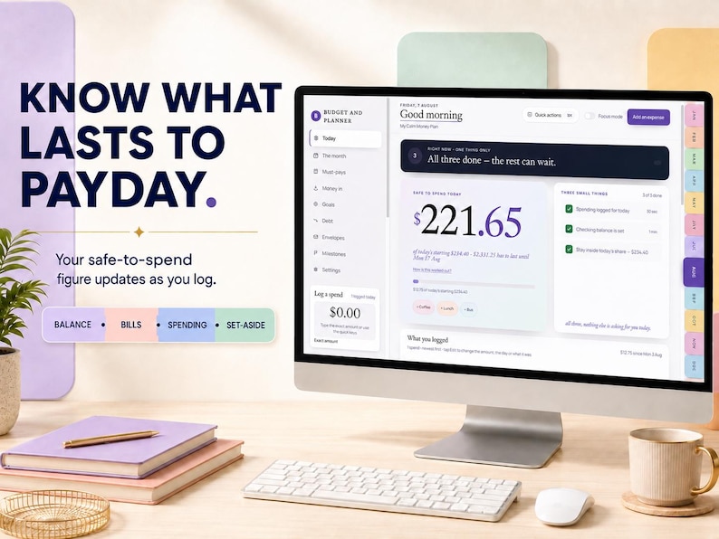 Peut inclure: Un &eacute;cran d'ordinateur affichant une interface de budget et de planification avec le texte "KNOW WHAT LASTS TO PAYDAY." et "Your safe-to-spend figure updates as you log." L'&eacute;cran montre un tableau de bord avec un solde de 221,65 $.