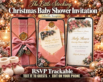 May include: Three smartphones display a Christmas baby shower invitation template. The screens show a pink envelope with a gold wax seal, a plaid card with pine accents, and a formal invitation text for Eleanor, James, and Emma Ashford.