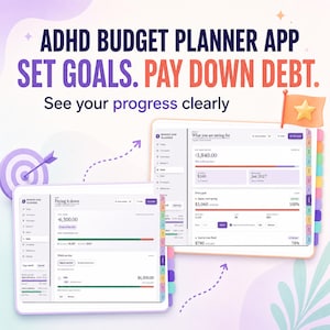 Peut inclure: Une interface d'application de planification budg&eacute;taire TDAH affich&eacute;e sur deux &eacute;crans num&eacute;riques. Le texte indique : ADHD BUDGET PLANNER APP SET GOALS. PAY DOWN DEBT. See your progress clearly. Les &eacute;crans montrent le suivi financier et les objectifs.