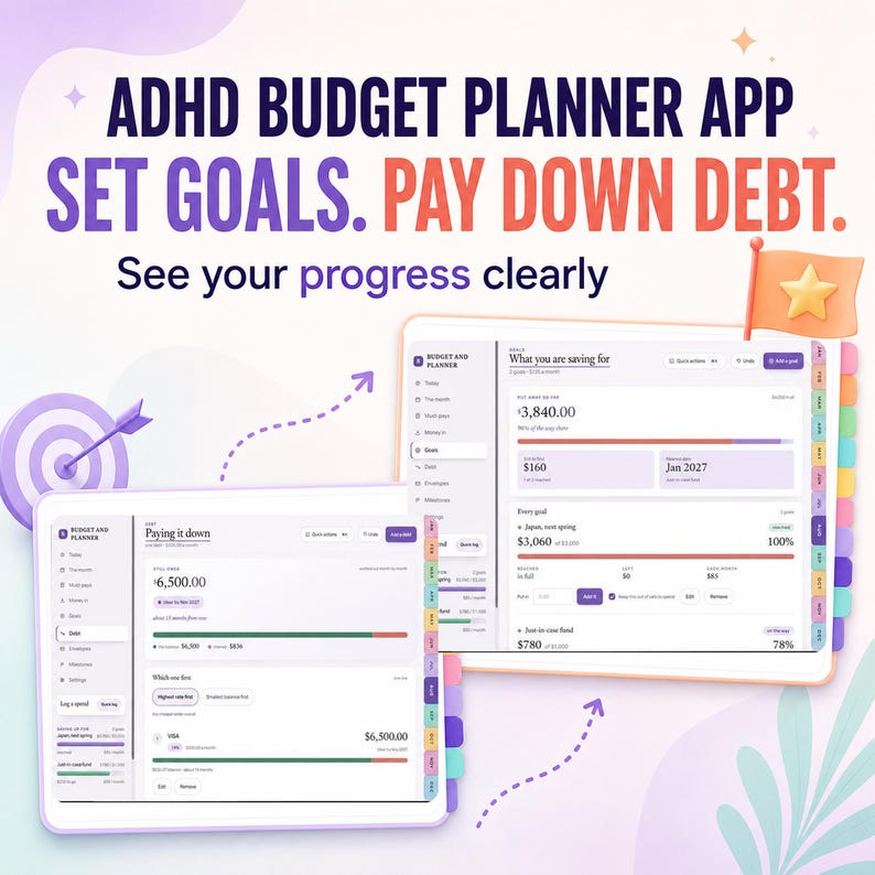 Peut inclure: Une interface d'application de planification budg&eacute;taire TDAH affich&eacute;e sur deux &eacute;crans num&eacute;riques. Le texte indique : ADHD BUDGET PLANNER APP SET GOALS. PAY DOWN DEBT. See your progress clearly. Les &eacute;crans montrent le suivi financier et les objectifs.