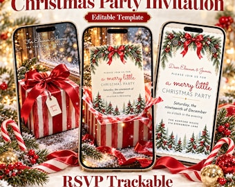 May include: Three smartphones display a digital Christmas party invitation template featuring red and white striped gift boxes, pine trees, and red bows. The text reads: Dear Eleanor & James, please join us for a merry little Christmas party.