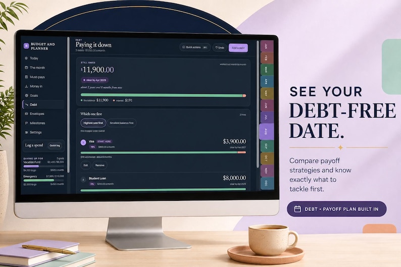 Peut inclure: Un &eacute;cran d'ordinateur affichant une interface num&eacute;rique de planification budg&eacute;taire et de dettes en mode sombre, indiquant des totaux de 11 900,00 $, 3 900,00 $ et 8 000,00 $. Le texte &agrave; droite indique : SEE YOUR DEBT-FREE DATE. Compare payoff strategies.