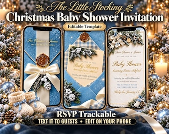May include: Digital Christmas baby shower invitation template displayed on three smartphones. The design features a blue envelope with a gold wax seal, a white ribbon, and pine accents. Text includes The Little Stocking Christmas Baby Shower Invitation, For Eleanor & James, and RSVP Trackable.