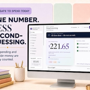 Peut inclure: Un &eacute;cran d'ordinateur affichant une interface de logiciel de budget et de planification avec le texte 'SAFE TO SPEND TODAY', 'ONE NUMBER. LESS SECOND-GUESSING.' et 'Bills, spending and set-aside money are already counted.' L'&eacute;cran affiche un solde de 221,65 $.
